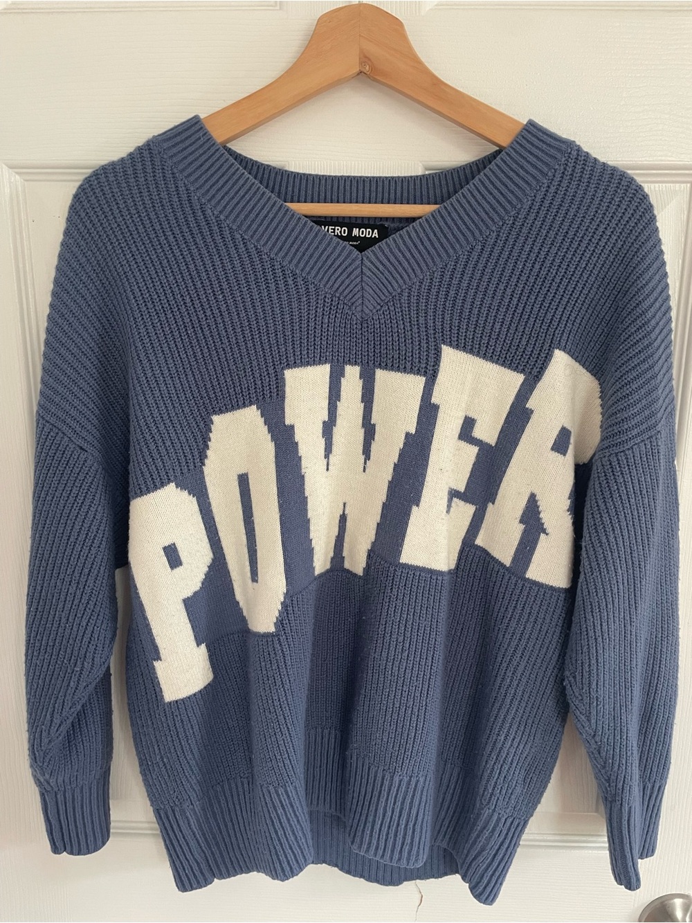 Vero Moda Dusty Blue 'POWER' V‑Neck Knit Sweater
